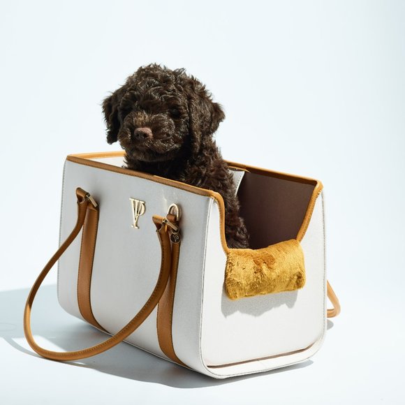 Ivory and Gold Leather Luxury Dog Carrier, Dog Bag, Dog tote for small dogs - Picture 8 of 9